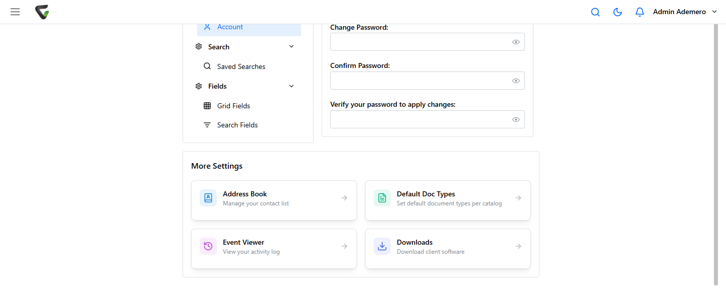 The Account page in Content Central 7.6 showing the Change Password, Confirm Password, and 'Verify your password to apply changes' fields.