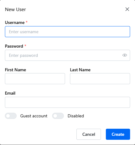 The New User dialog in Content Central 7.6 with Username, Password, First Name, Last Name, and Email fields, Guest account and Disabled switches, and a Create button.