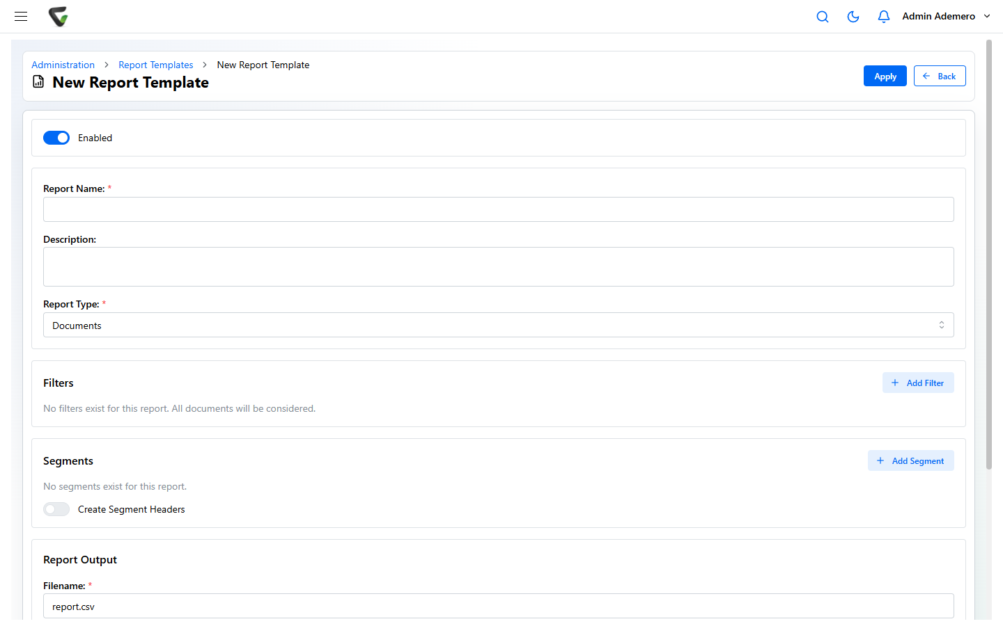 The New Report Template designer in Content Central 7.6 with an Enabled toggle, Report Name and Description fields, a Report Type dropdown set to Documents, a Filters section, a Segments section, and a Report Output section with a Filename field.