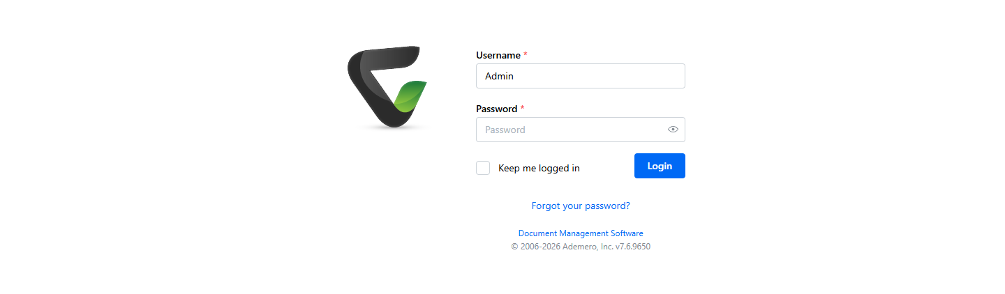 The Content Central 7.6 sign-in screen with Username and Password boxes and a Login button.