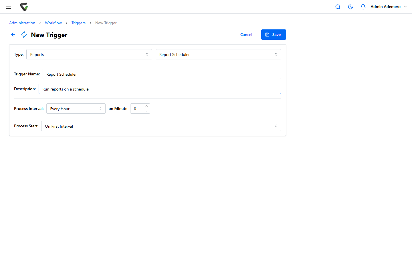 The New Trigger form with Type set to Reports and Report Scheduler, a Trigger Name of Report Scheduler, a Process Interval of Every Hour on Minute 0, and a Process Start of On First Interval.
