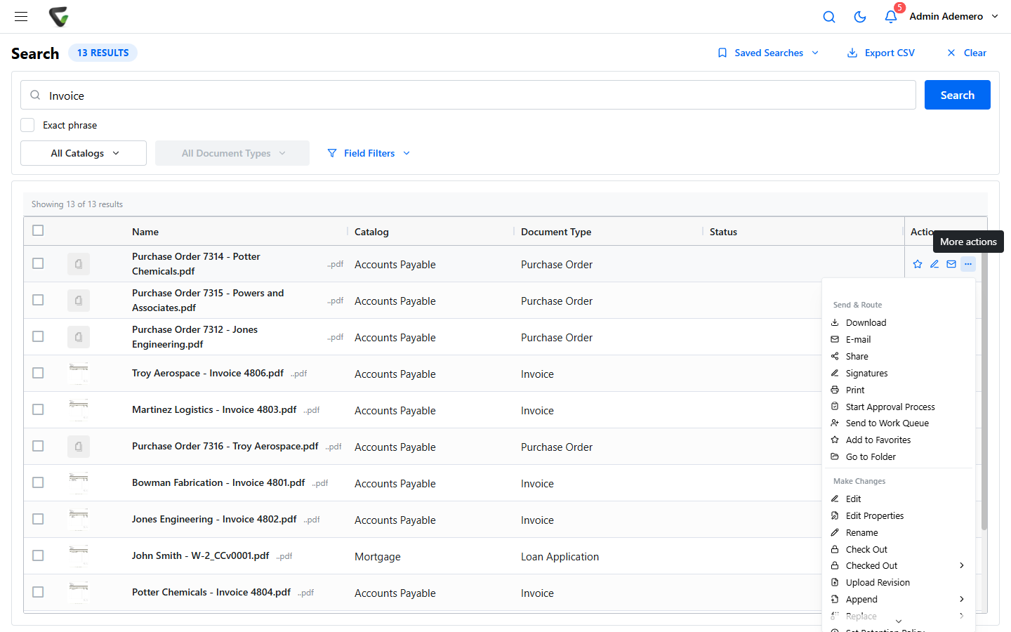 A Content Central 7.6 search results grid. The More actions menu is open on the first row, showing a Send & Route group with Download, E-mail, Share, Signatures, Print, Start Approval Process, and Send to Work Queue.