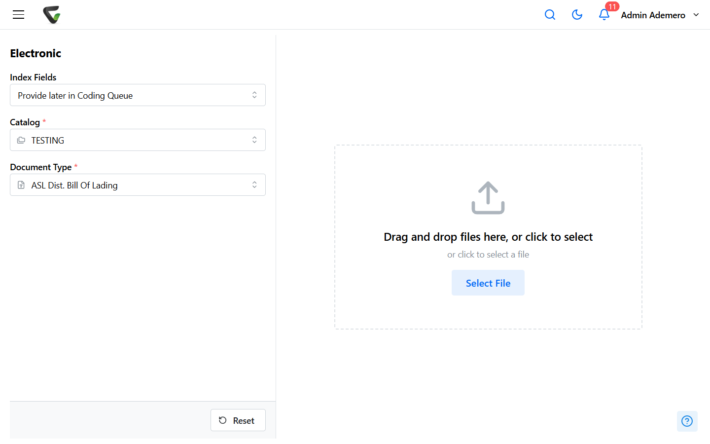 Content Central 7.6 Electronic capture page showing the Index Fields, Catalog and Document Type dropdowns on the left and a drag-and-drop upload area with a Select File button on the right.