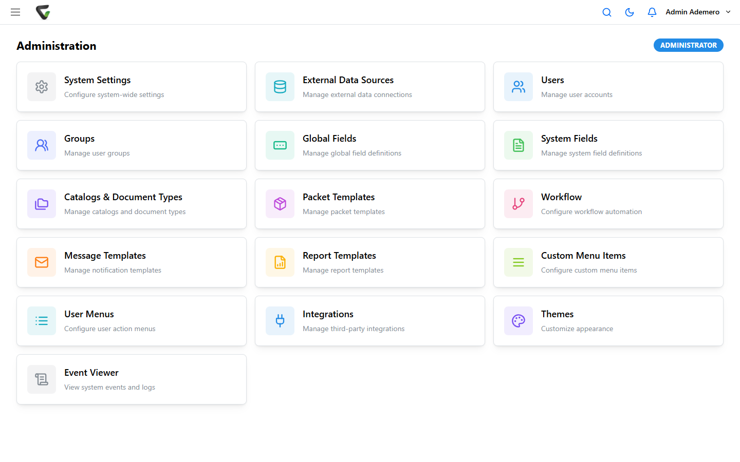 The Content Central 7.6 Administration page showing a grid of cards including System Settings, Users, Groups, Catalogs & Document Types, Workflow, and Report Templates.