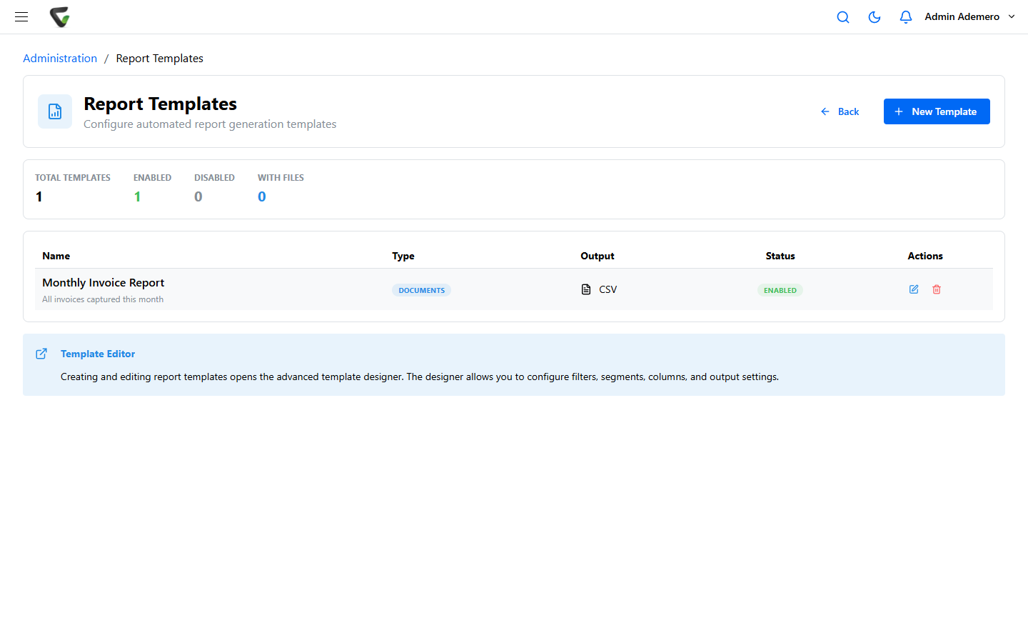 The Content Central 7.6 Report Templates list showing one template named Monthly Invoice Report (type Documents, output CSV, status Enabled), with a New Template button and counters for Total, Enabled, Disabled, and With Files.