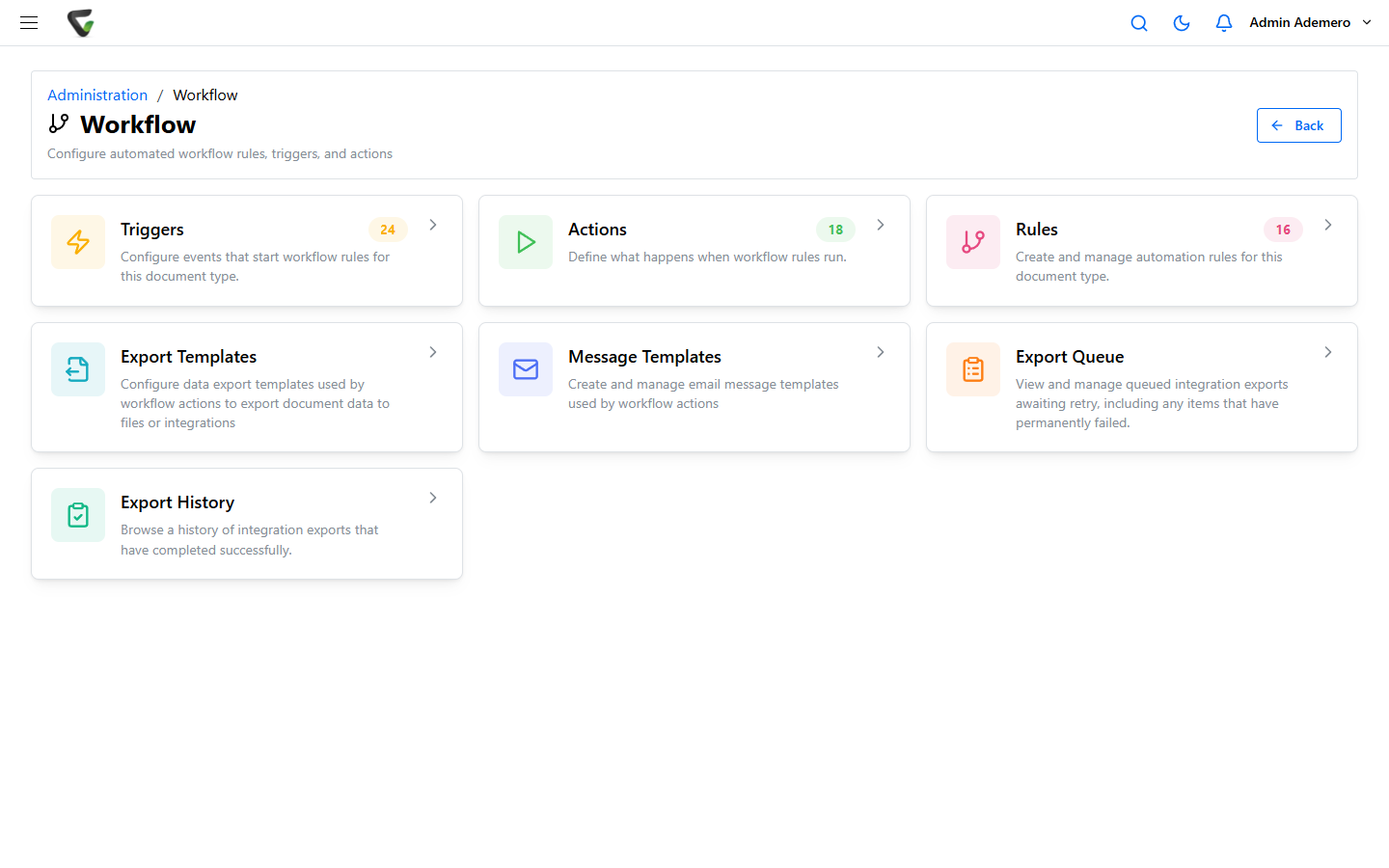 The Content Central 7.6 Workflow page with cards for Triggers, Actions, Rules, Export Templates, Message Templates, Export Queue, and Export History.