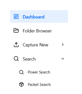 The navigation panel with Search expanded, showing Power Search and Packet Search.
