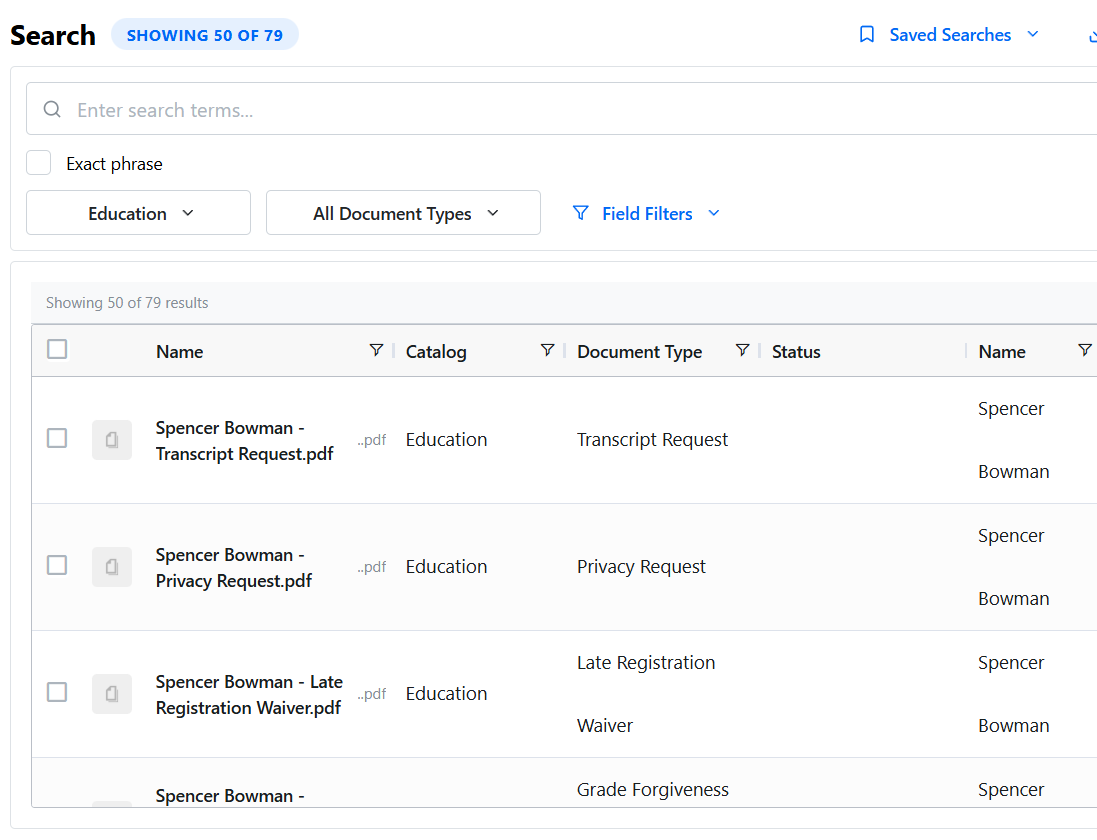 Content Central 7.6 search results showing a list of matching documents with Name, Catalog, Document Type, and Status columns and a result count at the top.