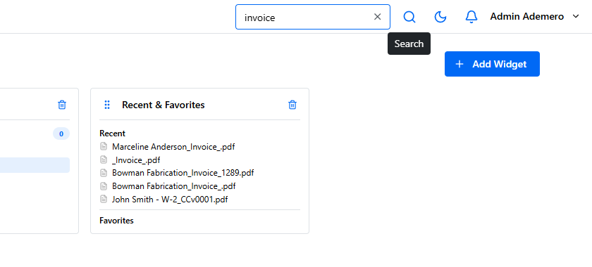 The Content Central 7.6 toolbar with the Quick Search box open in the top-right, the word 'invoice' typed in it, next to the magnifying glass icon.