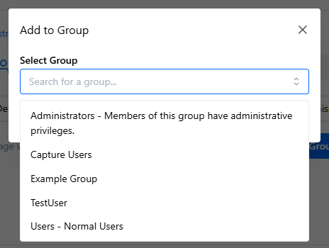 The Add to Group dialog in Content Central 7.6 with a Select Group dropdown open, listing groups such as Administrators, Capture Users, Example Group, and Users.