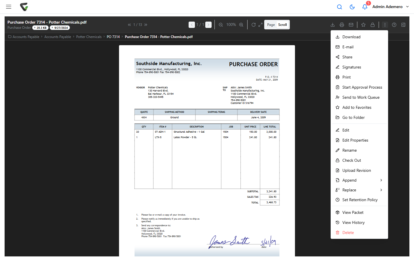 A document open in the Content Central 7.6 viewer (a purchase order). The toolbar's three-dot actions menu is open, listing Download, E-mail, Share, Signatures, Print, Start Approval Process, and Send to Work Queue.