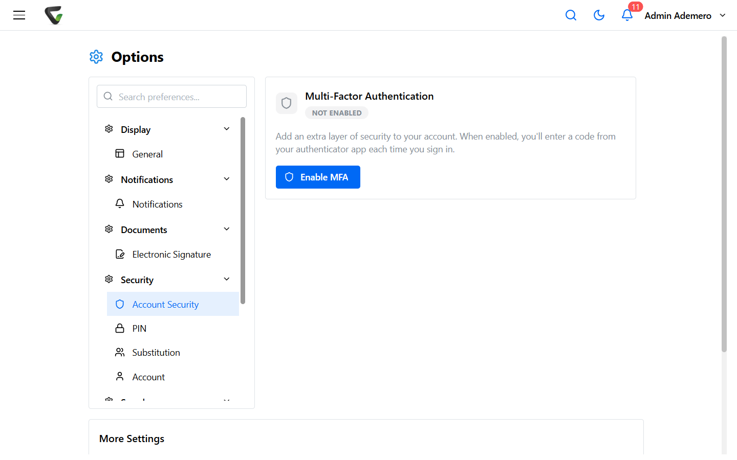 Content Central 7.6 Account Security page showing the Multi-Factor Authentication card marked NOT ENABLED with an Enable MFA button.