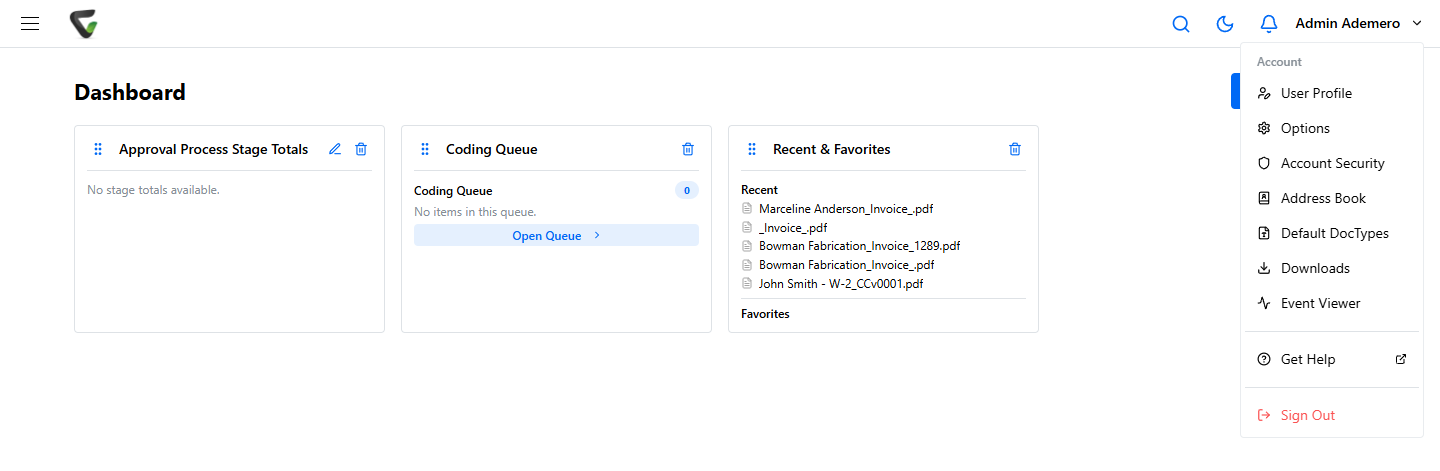 The Content Central 7.6 user menu open from the top-right corner, listing User Profile, Options, Account Security, Address Book, Default DocTypes, Downloads, Event Viewer, Get Help, and Sign Out.