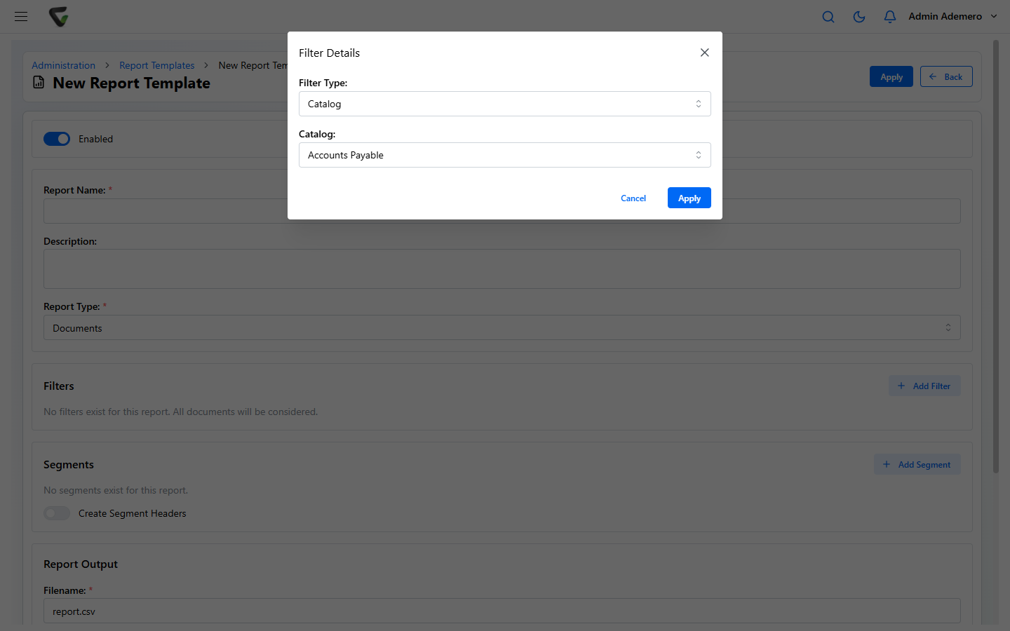 The Filter Details dialog with a Filter Type set to Catalog and a Catalog set to Accounts Payable, with Cancel and Apply buttons.