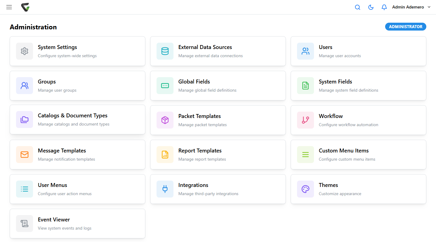 The Content Central 7.6 Administration page showing a grid of cards including System Settings, Users, Groups, Catalogs and Document Types, Workflow, and more.