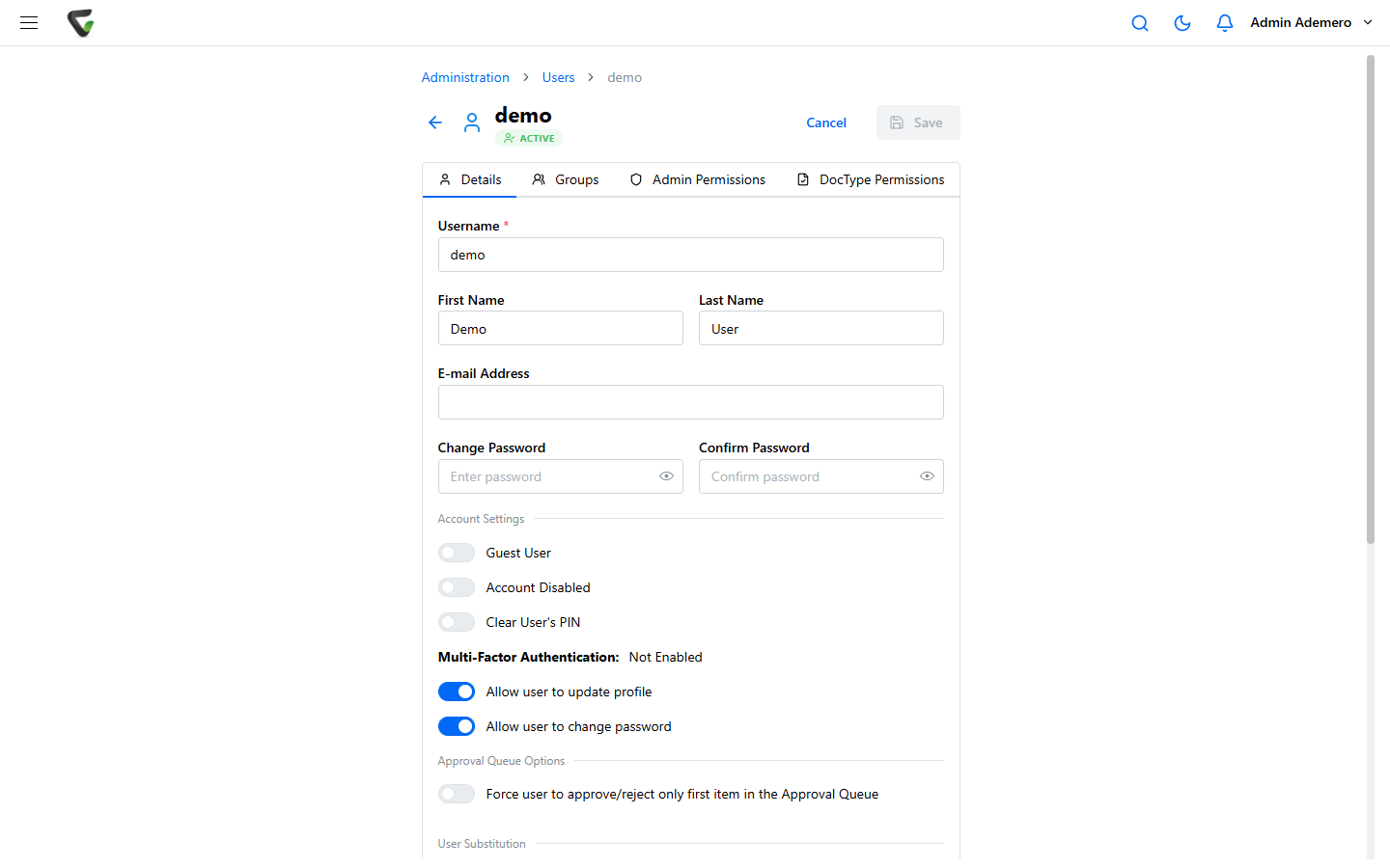 The Content Central 7.6 user detail page on the Details tab, showing Username, First Name, Last Name, E-mail Address, Change Password fields, and Account Settings switches including Account Disabled, plus the Groups, Admin Permissions, and DocType Permissions tabs.